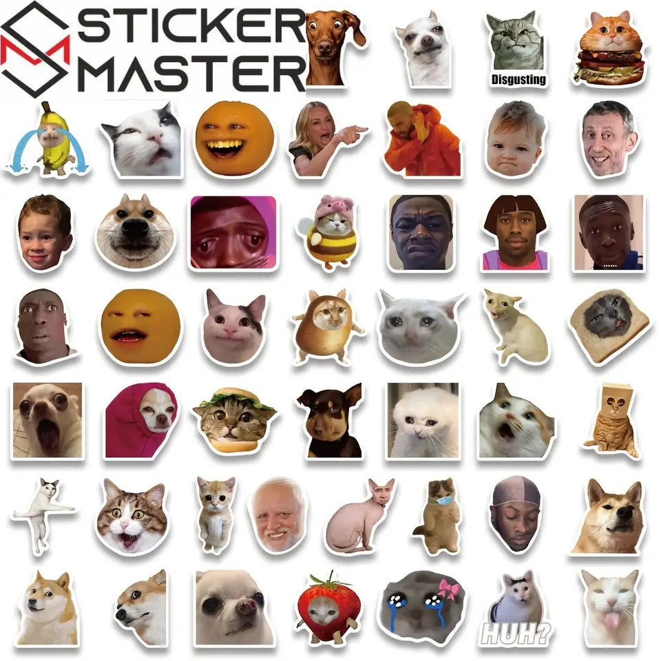 Sticker Master 50'li Komik Meme Sticker Seti – Karikatür Köpek, Kedi, Üzgün Hamster Çıkartmaları | Laptop, Defter, Su Şişesi | Yaratıcı DIY PVC Sticker Koleksiyonu, Mat Kaplama, Hediye - Sticker Master