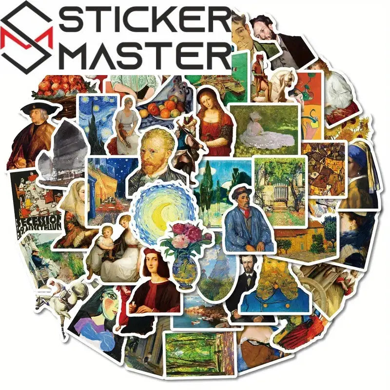 Sticker Master 50’li Ünlü Resimler Sanat Serisi Sticker Seti Laptop, Kaykay, Kask ve Daha Fazlası İçin Sanat Dolu Kağıt Çıkartmalar - Sticker Master