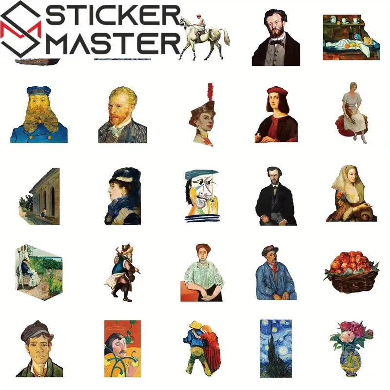 Sticker Master 50’li Ünlü Resimler Sanat Serisi Sticker Seti Laptop, Kaykay, Kask ve Daha Fazlası İçin Sanat Dolu Kağıt Çıkartmalar - Sticker Master