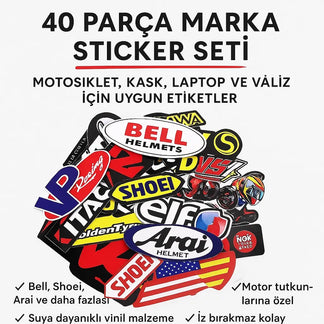 Sticker Master 40 Parça Marka Sticker Seti – Motosiklet, Kask, Laptop ve Valiz için Uygun Etiketler Sticker Master